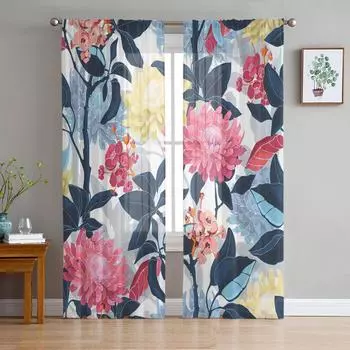 Цветные прозрачные шторы с изображением хризантем для украшения гостиной, оконные шторы для кухни, тюль, вуаль, органза, шторы W135 x H115cm x1