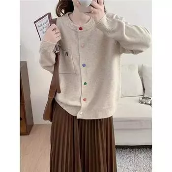 Цветные пуговицы круглый вырез длинный рукав вязаный кардиган женский осень новый модный облегающий женский свитер куртка женская average size