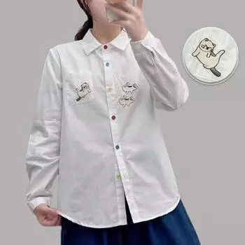 Цветные пуговицы вышитые кошки стирать хлопковый кардиган с длинными рукавами рубашка для женщин весна 2024 новые свободные топы XS белый