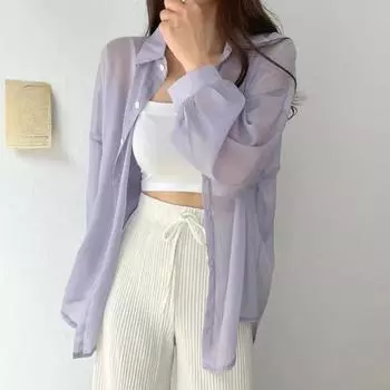 Цветные рубашки женские прозрачные тонкие шикарные летние простые однотонные солнцезащитные модные мешковатые универсальные базовые вещи в корейском стиле S белый