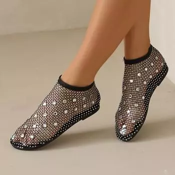 Цветные сетчатые дышащие сандалии со стразами Новые модные плоские сандалии без застежек Плоские сетчатые чулки Сандалии Обувь для женщин 35