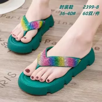 Цветные шлепанцы со стразами, женская летняя одежда 2025 года, женская обувь с закругленным носком, плоская подошва, классные тапочки, пляжная обувь 36 зелёный