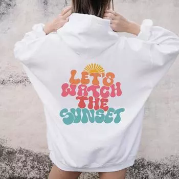 Цветные толстовки «Давайте посмотрим закат» Пуловеры Эстетическая мода унисекс Женщины Чистый хлопок Цитата Топ Джемпер Толстовка с капюшоном S чёрный