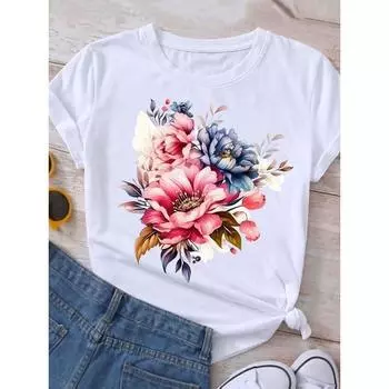 Цветочная акварель модный женский повседневный топ женская одежда принтованная белая футболка футболка с коротким рукавом модная футболка с узором 2XS