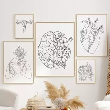 Цветочная анатомическая линия Анатомия человека Медицинские настенные художественные принты Картина на холсте Плакат на скандинавскую тему Настенные панно Доктор Декор для офисной комнаты A4 21X30cm No Framed