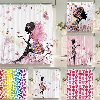 Цветочная бабочка, девушка, занавеска для душа, водонепроницаемая, ванная комната, милая, женщина, фея, занавеска для душа, полиэстер, ткань, домашний декор, крючок W120xH180cm