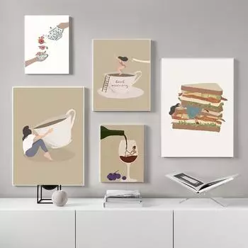 Цветочная чашка для чая настенное искусство цветочный букет холст картина горшок кофе принт бохо девушка напиток постер женские картины для декора кухни 21x30cm No Framed светло-серый