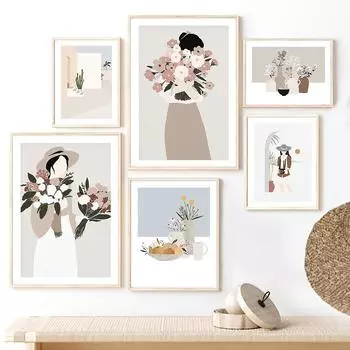 Цветочная дама Букет Ботанический Кактус Бохо Постеры и принты Картина на холсте Скандинавские настенные картины для декора гостиной 21X30cm No Frame