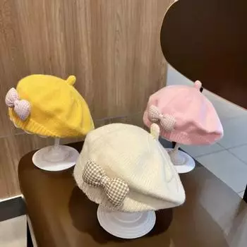 Цветочная детская шапка-берет, однотонная зимняя теплая вязаная шапка-бини для маленьких девочек, корейские шапки для принцесс, художников и художников 3-48 months