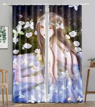 Цветочная дева бабочка блестящая девушка затемняющая занавеска для окна для гостиной спальни ванной комнаты кухни дверь шкафа декор крючки W50 X H130(CM)X2&Hook