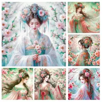 Цветочная фея 5D DIY Алмазная картина Розовая слива Цветущая женщина Пейзаж 5D Вышивка крестом Мозаика Вышивка 2024 Домашний декор J3977 square 30x30cm белый
