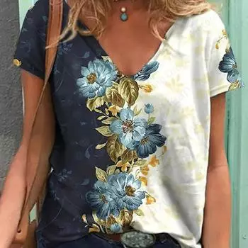 Цветочная футболка для женщин с 3D цветочным принтом, топы, футболки, летняя женская футболка, винтажный топ с V-образным вырезом и коротким рукавом, женская футболка большого размера S
