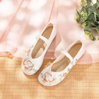 [Цветочная группа] Летние женские туфли из шелкового атласа в этническом стиле с вышивкой на низком каблуке и высокие женские одинарные туфли 41 светло-синий