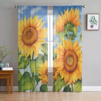 Цветочная иллюстрация Подсолнухи Летние тюлевые шторы в стиле ретро для спальни Роскошные домашние шторы в гостиной Шифоновые панели 135W x 114H(cm)