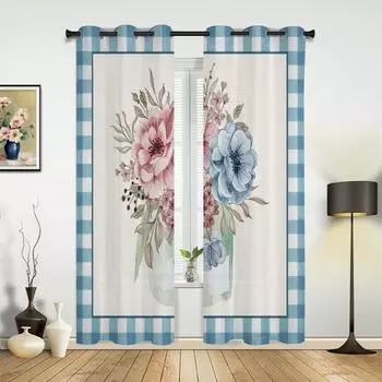Цветочная клетчатая ваза, синие оконные занавески, занавеска на окно для гостиной, современная спальня, кухня, домашний декор, шторы W135 x H60cm
