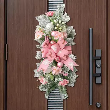 Цветочная композиция в виде капли для входной двери с бантом. Сезонное использование Pink