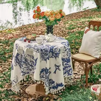 Цветочная круглая прямоугольная скатерть, устойчивая к пятнам, водоотталкивающая, немнущаяся цветочная скатерть для дома, кухни, обеда, вечеринки, использования в помещении и на открытом воздухе 150X100cm синий