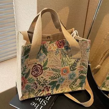 Цветочная льняная плетеная сумка для женщин Модная сумка через плечо для женщин Ins Большая вместительная сумка на одно плечо для женщин