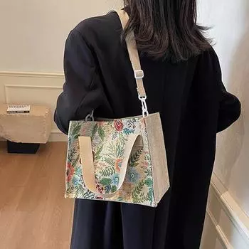 Цветочная льняная тканая сумка женская сумка через плечо сумка большой емкости белый