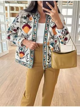 Цветочная мода винтажная хлопковая куртка женская повседневная верхняя одежда однобортная теплая одежда новая ретро принт круглый вырез карманы стеганое пальто S бежевый