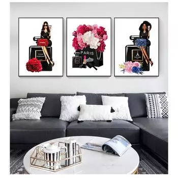 Цветочная настенная живопись на холсте, плакаты на скандинавскую тему и принты, настенная картина для Quadro cuadros, модная девушка, Парижская парфюмерная помада 21cm30cm NoFrame