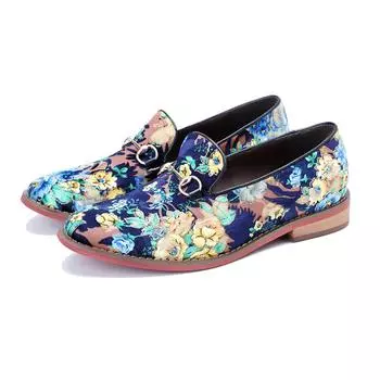 Цветочная обувь ручной работы Женская обувь с мягкой плоской подошвой Осенние повседневные сандалии Обувь из натуральной кожи 36 синий