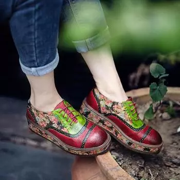 Цветочная обувь ручной работы Женская обувь с мягкой плоской подошвой Осенние повседневные сандалии Обувь из натуральной кожи 37 красный