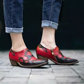 Цветочная обувь ручной работы Женская обувь с мягкой плоской подошвой Осенние повседневные сандалии Обувь из натуральной кожи 37 красный