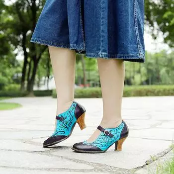 Цветочная обувь ручной работы Женская обувь с мягкой плоской подошвой Осенние повседневные сандалии Обувь из натуральной кожи 36 синий