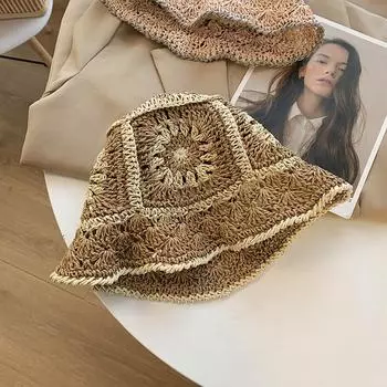 Цветочная плетеная шляпа-ведро женская летняя полая шляпа-ведро с открытым лицом, дышащая ветрозащитная шляпа hyunya M56-58cm чёрный