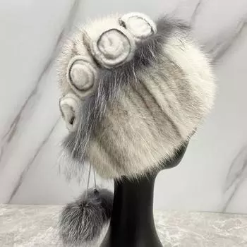 Цветочная пушистая шапка-помпон из натурального меха норки, женская зимняя шапка, пушистые шапки-бини из лисы, стильная снежная уличная теплая шапка для девочки из натурального меха head size 55-59cm