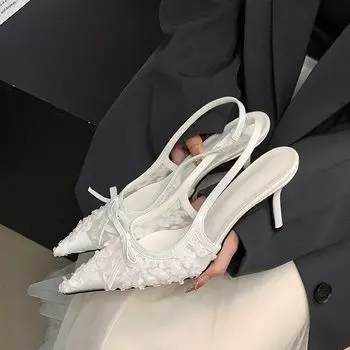 Цветочная сетка пряжа цветок заостренный носок тонкий каблук верхняя одежда летняя фея стиль бант головка сандалии женщина 35 белый