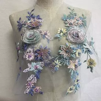 Цветочная сетка, ткань, нашивка для одежды, аксессуары, свадебное платье, танцевальное платье, бисер, стразы, кружево с блестками, трехмерные вышитые тканевые наклейки 40*24cm бежевый