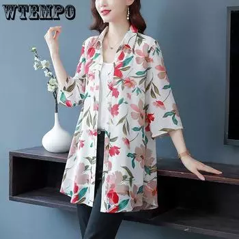 Цветочная шифоновая рубашка женская ретро принтованная свободная рубашка топ средней длины солнцезащитная куртка M