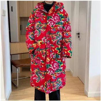 Цветочная стеганая куртка зимняя утолщенная теплая одежда для хлеба стеганая куртка с капюшоном северо-восточная большая цветочная куртка большого размера длинная модная мужская M зелёный