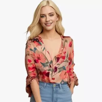 Цветочная тонкая шифоновая рубашка Нишевые топы в западном стиле Рубашки с длинным рукавом Женские универсальные блузки Кардиганы Куртки Солнцезащитная одежда S зелёный