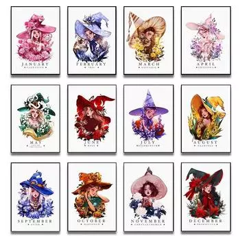 Цветочная ведьма, иллюстрация, печать плакатов, гостиная, домашний декор, день рождения, месяцы, февраль, ирис, июнь, роза, холст, картина, настенное искусство, без рамки 21*30cm