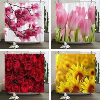 Цветочная водонепроницаемая занавеска для душа из водонепроницаемой полиэстеровой ткани для ванной комнаты с 12 крючками для украшения дома W90xH180cm