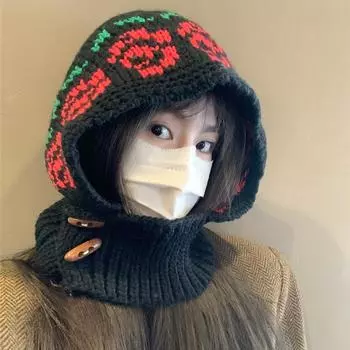 Цветочная вязаная шапка-балаклава женская зимняя теплая шерстяная шапка шарф защитные уши интегрированная шапка-пуловер one size fits all чёрный
