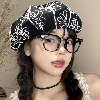 Цветочная вышивка черный берет женский летний ретро нишевый бутон универсальный лицо шляпа M56-58cm