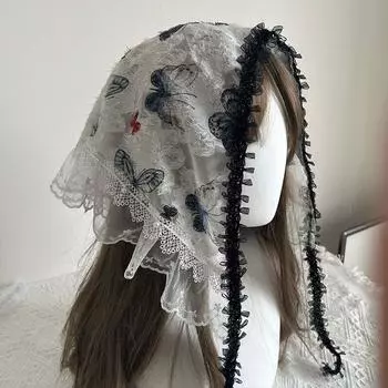 Цветочная вышивка Лолита косынка Белое кружево Повязка на волосы Милая треугольная повязка для волос для женщин 3