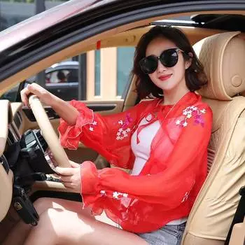 Цветочная вышивка, новая солнцезащитная одежда, шифоновая солнцезащитная шаль для вождения, женский шарф с рукавами для езды, летний One Size розовый