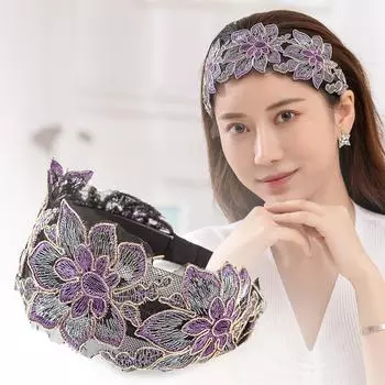 Цветочная вышивка с цветочным принтом, повязка на голову, кружевной обруч, аксессуары для волос, широкие ленты для волос A фиолетовый