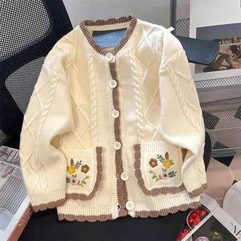 Цветочная вышивка вязаный кардиган для женщин свободный однобортный женский верхняя одежда женский круглый вырез свитер с карманами One Size