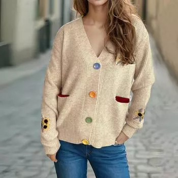 Цветочная вышивка вязаный свитер V-образный вырез контрастного цвета женский свитер повседневное универсальное пальто M хаки