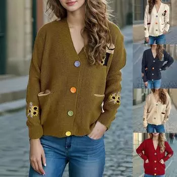 Цветочная вышивка вязаный свитер V-образный вырез контрастного цвета женский свитер повседневное универсальное пальто L бежевый