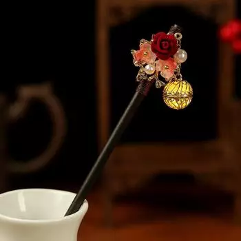 Цветочная заколка-фонарик светящаяся китайские палочки для волос для вечеринки Ханфу сандаловое дерево жемчуг вилки для пучка волос винтажная заколка для волос ювелирные изделия