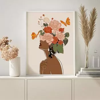 Цветочная женская голова, холст, постер, скандинавская черная кожа, бохо, настенные художественные принты, живопись, современная декоративная картина, украшение для гостиной 21x30cm No Framed