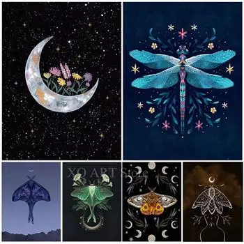 Цветочная змея и луна, настенная живопись на холсте, украшение, Викка, лунная фаза и мотылек, постеры и принты, украшение без рамы 21x30cm No Framed