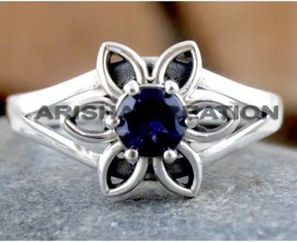 Цветочное кольцо, Сапфировое кольцо, Ювелирные изделия ручной работы, Серебро 925 пробы, Серебряное кольцо 4 синий